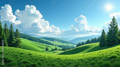 Close-up shot of a lush green hillside bordered by rows of pine trees, under a serene sky with scattered cumulus clouds, evoking tranquility and nature's embrace photo