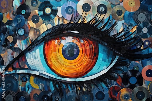 Eye with swirling vinyl record pattern on deep blue background