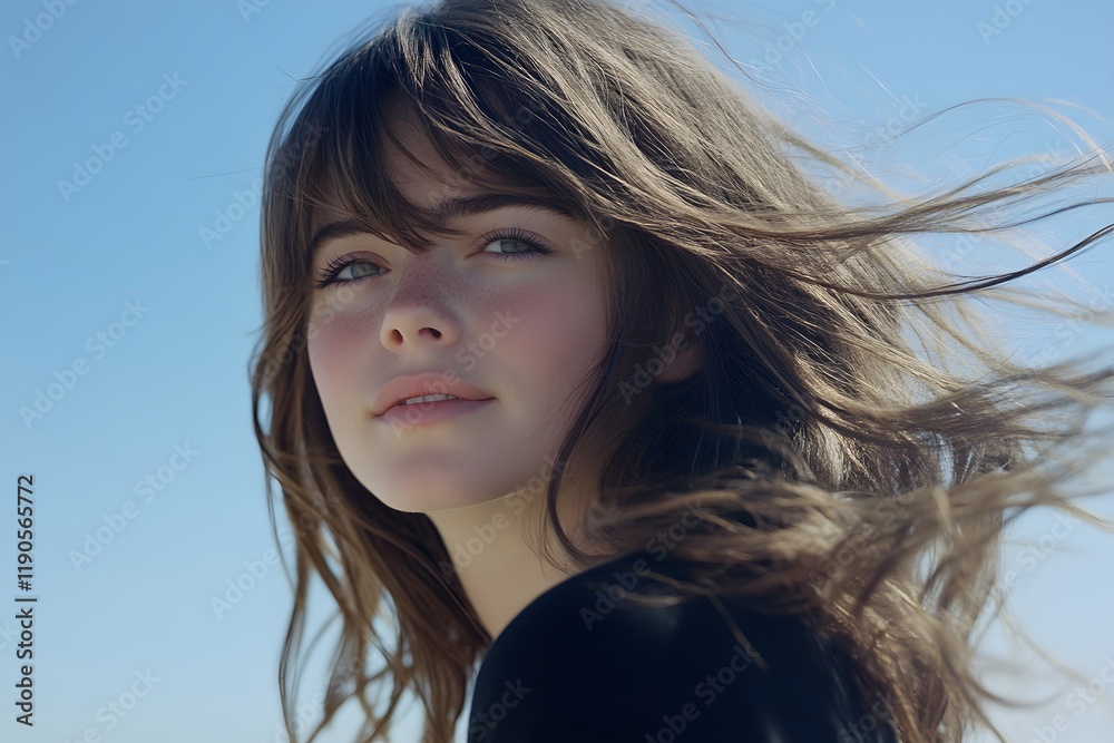 Fototapeta premium Girl with windblown hair freckled face outdoor portrait