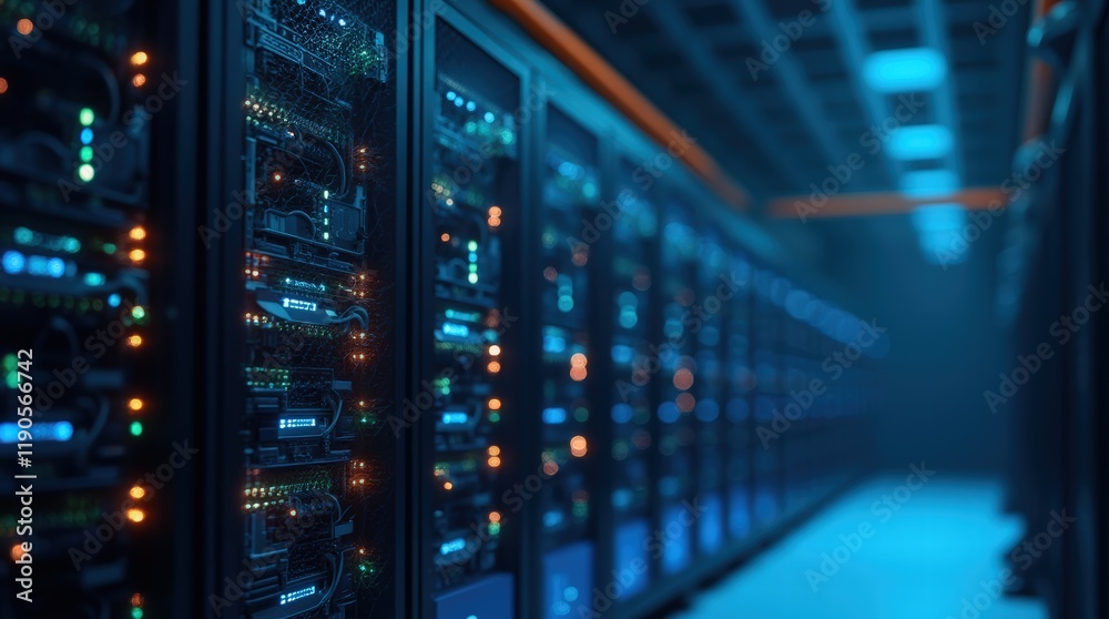 Row of Server Racks with Illuminated Indicators, Cables, and Glossy Reflections in Data Center, Highlighting Technology and Cloud Computing Row of Server Racks with Illuminated Indicators, Cables, and Glossy Reflections in Data Center, Highlighting Technology and Cloud Computing