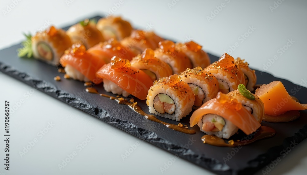 Salmon sushi rolls with roe on a black platter Salmon sushi rolls with roe on a black platter