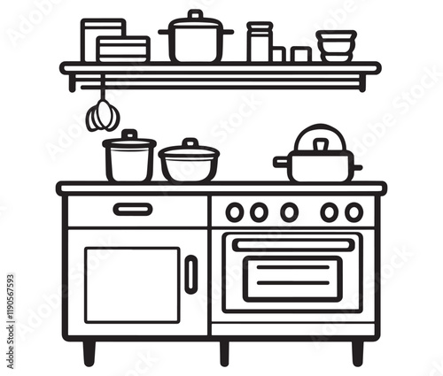 A black and white drawing of a kitchen, Line art kitchen furniture set