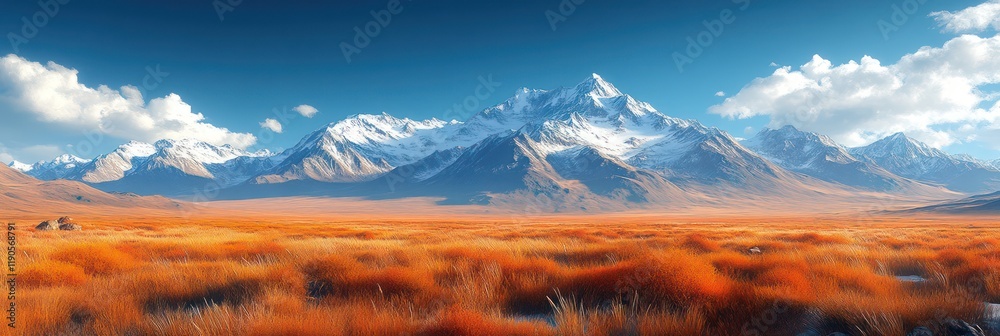 Obraz premium Majestic Snow-Capped Mountains and Autumnal Plains