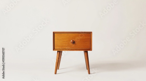 Mid-century modern wooden nightstand with single drawer and tapered legs against a white background.