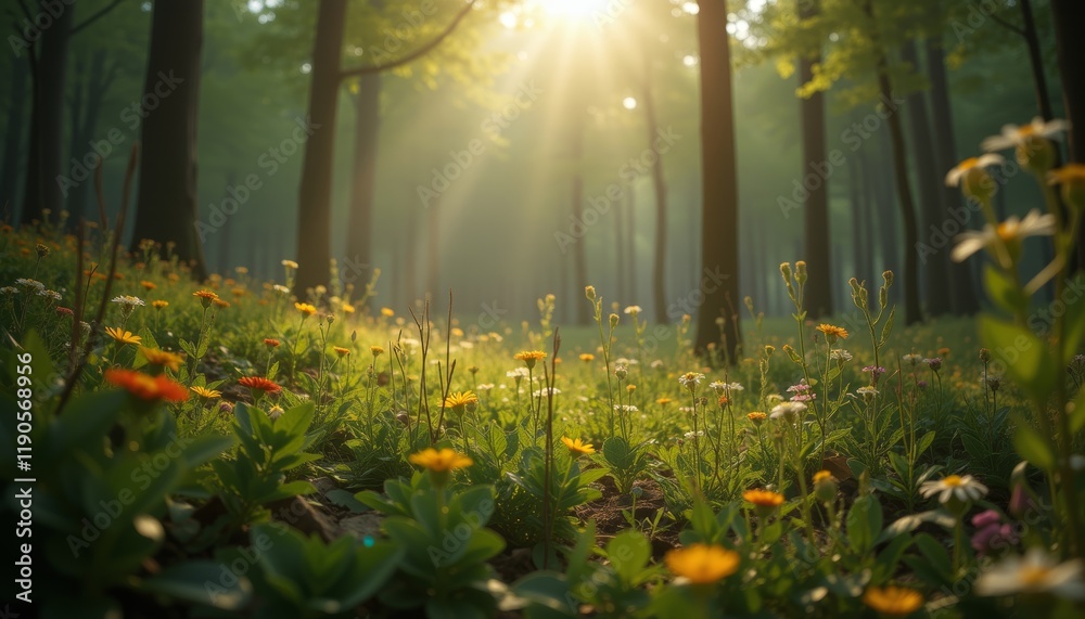 Obraz premium Wildflowers blooming in a sunlit forest meadow