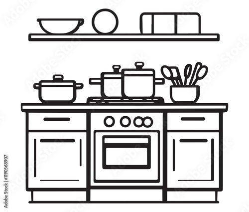 A black and white drawing of a kitchen, Line art kitchen furniture set