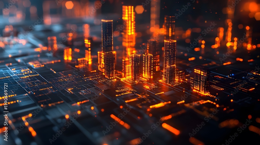 Fototapeta premium Innovative isometric 3D graphic with performance metrics highlighted and a blurred chart background