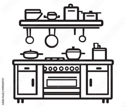 A black and white drawing of a kitchen, Line art kitchen furniture set