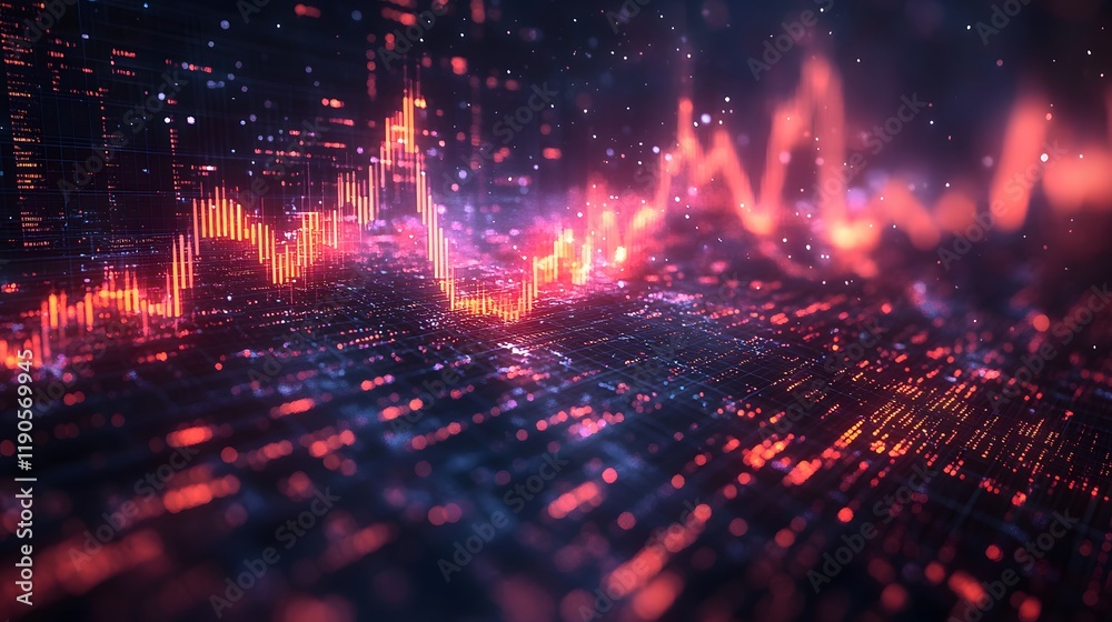 Fototapeta premium Blurred stock graph integrated into an isometric 3D render with data visualization elements