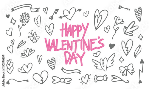 Happy Valentine's Day Doodle Illustration – Romantic Hand-Drawn Hearts, Arrows, and Flowers for Celebrations