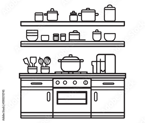 A black and white drawing of a kitchen, Line art kitchen furniture set