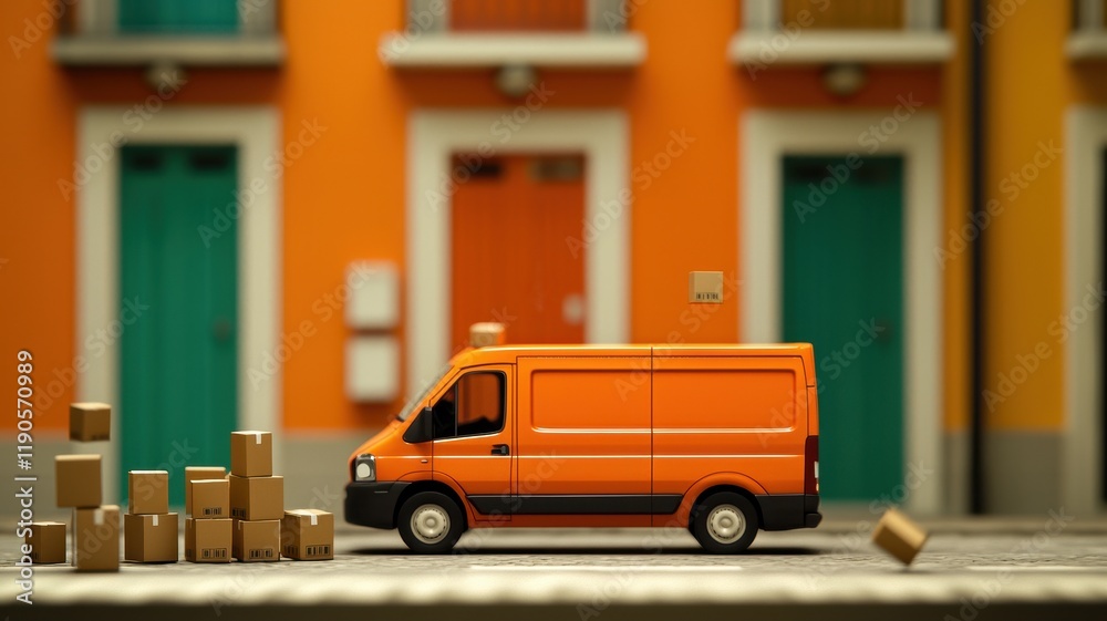 Fototapeta premium Orange Delivery Van with Cardboard Boxes on City Street Fast Shipping Concept