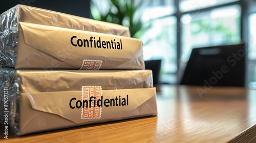 Stack of sealed confidential envelopes on wooden desk, symbolizing secure document handling, privacy, and classified information management in professional settings.