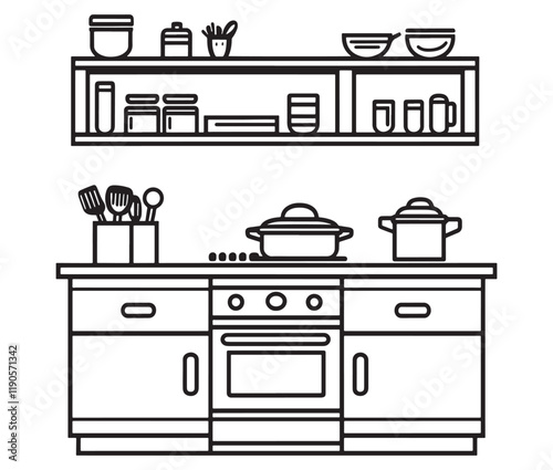 A black and white drawing of a kitchen, Line art kitchen furniture set