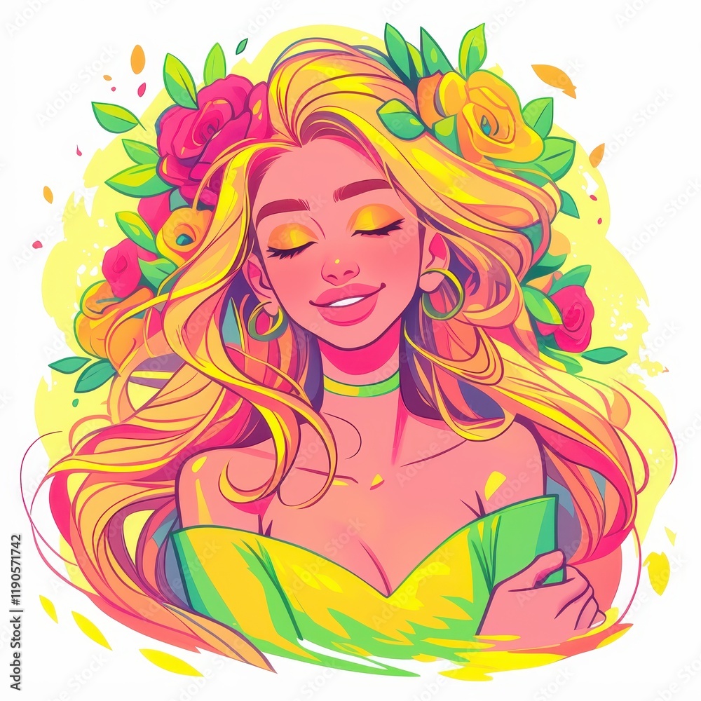 Vibrant Blonde Woman with Flowers Summer Fashion Illustration Colorful Portrait Vibrant Blonde Woman with Flowers Summer Fashion Illustration Colorful Portrait