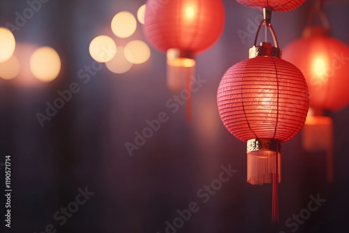 Red asian lanterns hanging outdoors at night. Festive decoration for Chinese New Year, Mid-Autumn Festival, National Day, Lantern Festival, Qixi, Qingming Festival, Chongyang Festival photo