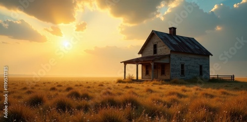 Abandoned farmhouse, blowing dust obscures sun, plains, brown, cracked photo