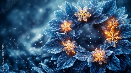 Glowing winter wreath made of icy leaves and snowflakes set against a dark blue textured background with subtle light sparkles for a festive touch