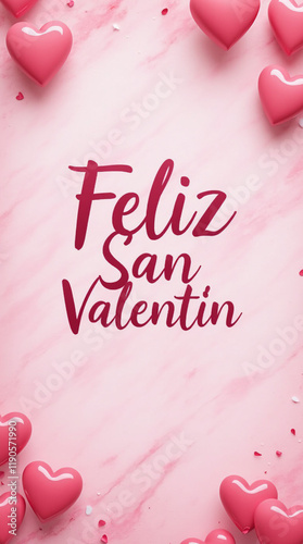 Tarjeta vertical de Feliz San Valentín con fondo de mármol rosa y corazones tridimensionales en rosa photo