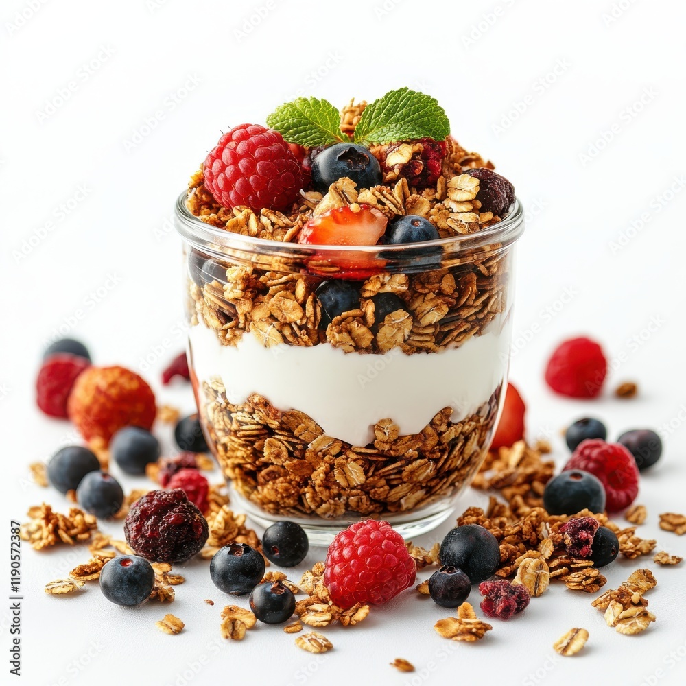 Delicious and Healthy Parfait with Layers of Crunchy Granola, Creamy Yogurt, Fresh Berries, and Mint Garnish Perfect for Breakfast or Snack Time Delicious and Healthy Parfait with Layers of Crunchy Granola, Creamy Yogurt, Fresh Berries, and Mint Garnish Perfect for Breakfast or Snack Time