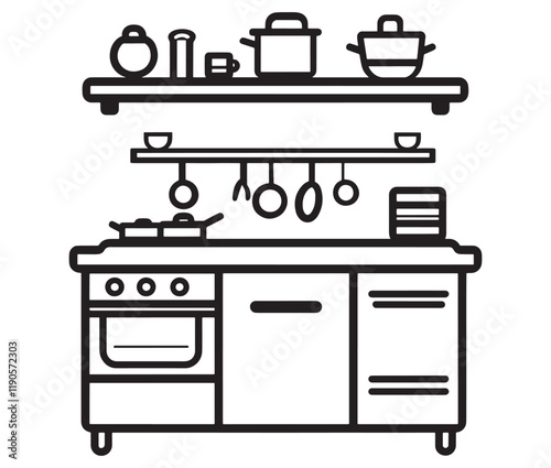 A black and white drawing of a kitchen, Line art kitchen furniture set