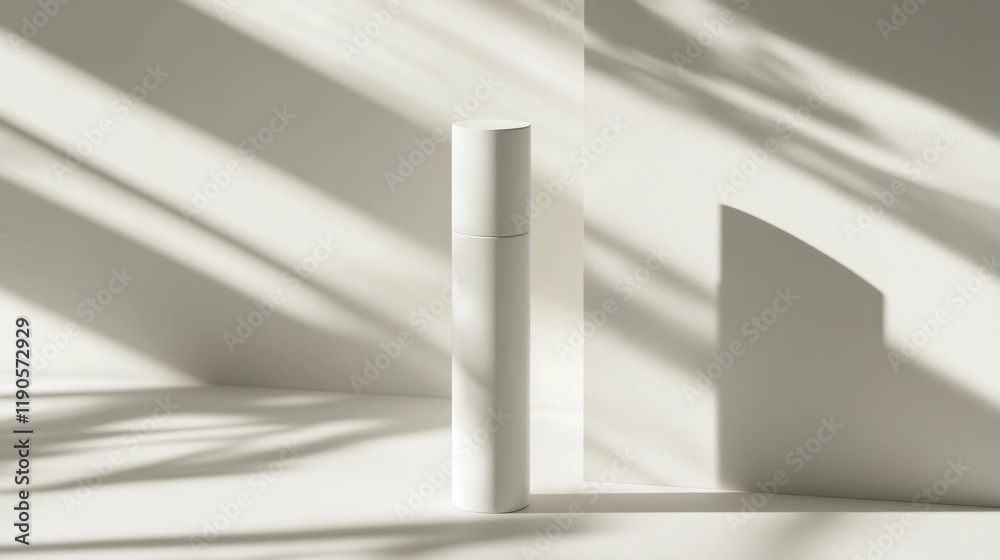 Minimalist white cylindrical container in sunlit room.