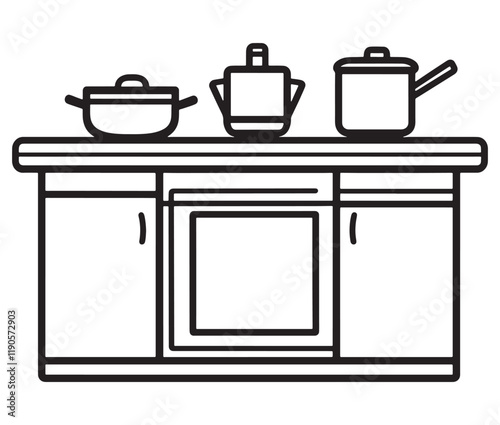 A black and white drawing of a kitchen, Line art kitchen furniture set