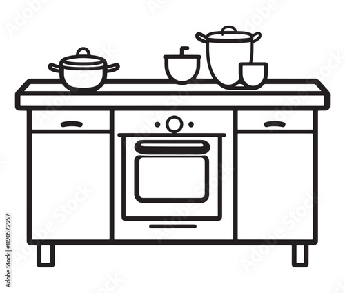 A black and white drawing of a kitchen, Line art kitchen furniture set