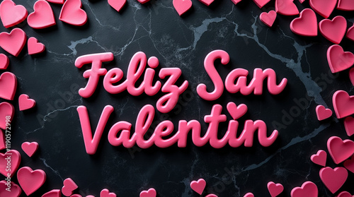 Felicitación de 14 de febrero con grandes letras rosas 'Feliz San Valentín' sobre mármol negro y marco de corazones photo