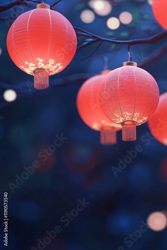 Red asian lanterns hanging outdoors at night. Festive decoration for Chinese New Year, Mid-Autumn Festival, National Day, Lantern Festival, Qixi, Qingming Festival, Chongyang Festival photo