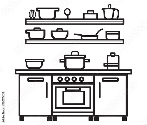 A black and white drawing of a kitchen, Line art kitchen furniture set