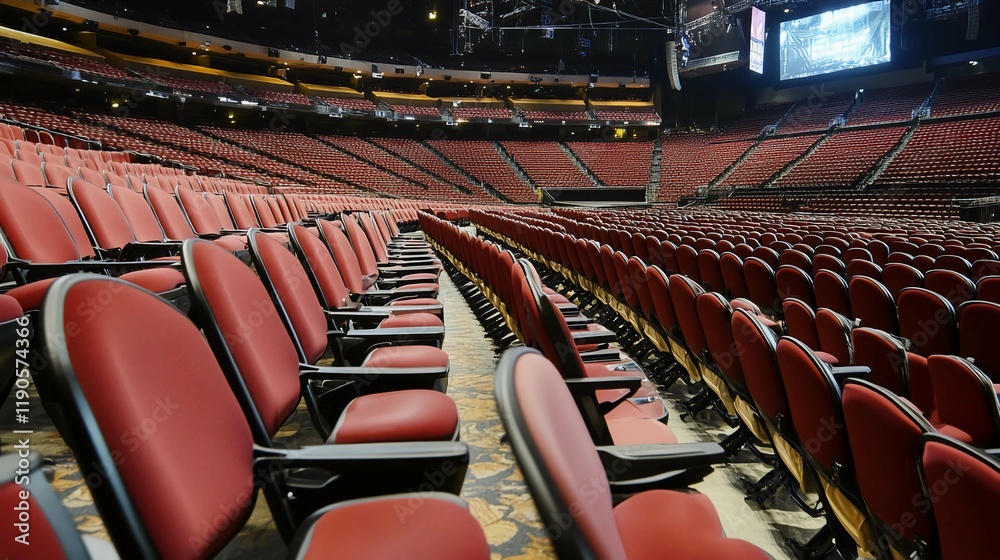 Fototapeta premium Empty stadium seats, a silent testament to the absence of fans, symbolizing the void left by the lack of human connection and shared experiences in the face of challenges.