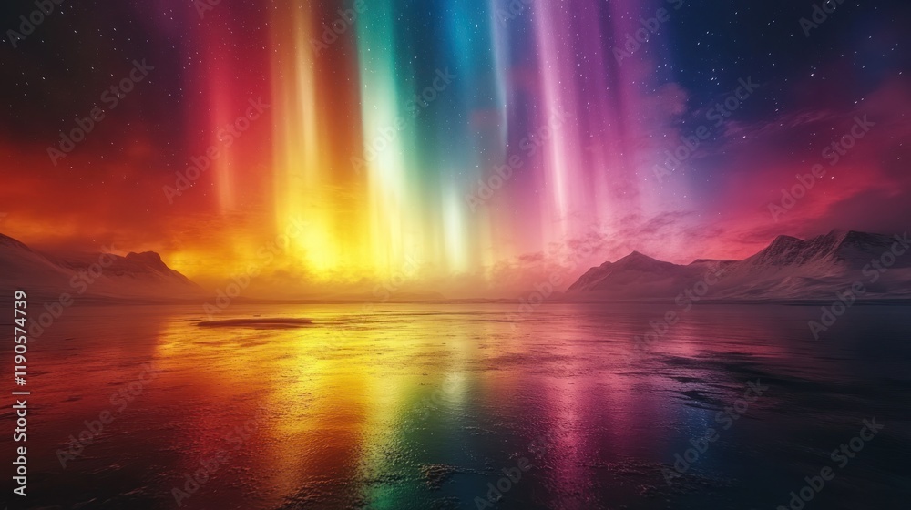 Vibrant rainbow aurora borealis reflected in calm water, snowy mountains. Vibrant rainbow aurora borealis reflected in calm water, snowy mountains.