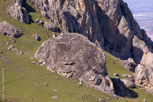 Beautiful rocks at the foot of Mount Beshbarmag. photo