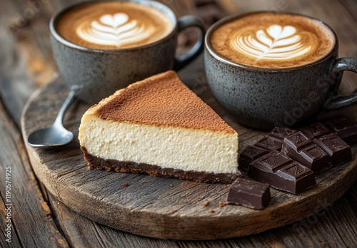Delicious cheesecake slice served with creamy coffee and dark chocolate on rustic wooden table, perfect for dessert lovers and café enthusiasts.