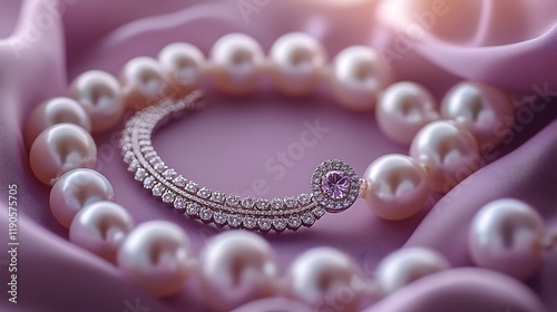 Luxurious display of a pearl necklace and earrings set positioned symmetrically on a soft lavender background highlighting the intricate design and timeless elegance of the jewelry