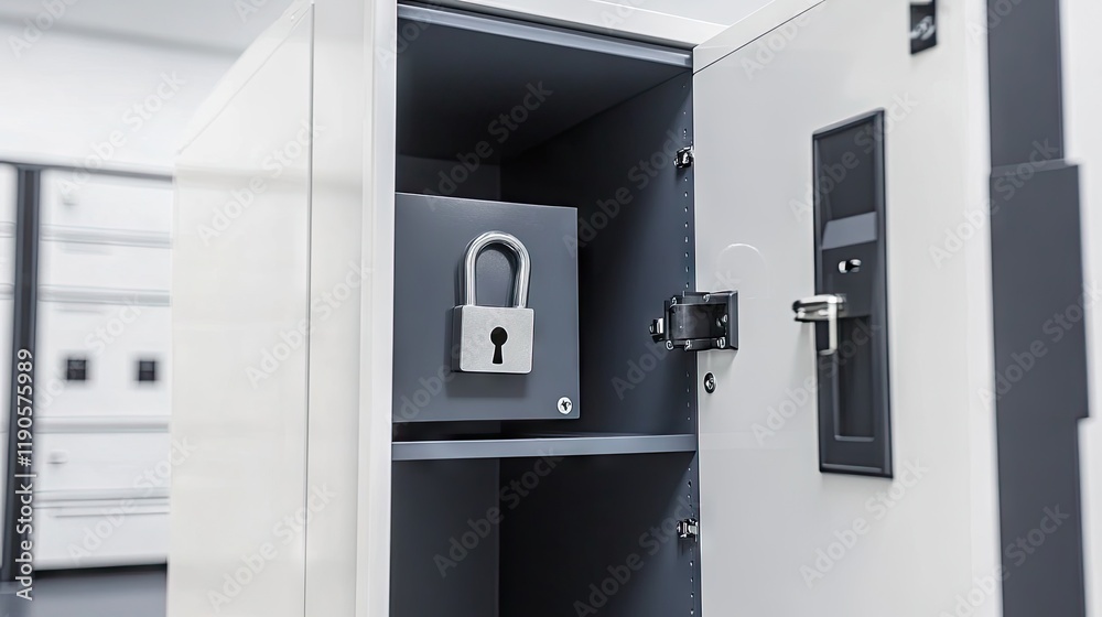 Secure Storage Open Safe with Padlock in Modern Office Environment for Business Security Secure Storage Open Safe with Padlock in Modern Office Environment for Business Security