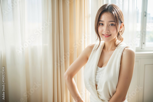 A woman in a white dress is smiling for the camera Free Download A woman in a white dress is smiling for the camera - GFXLoad