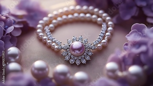 Luxurious display of a pearl necklace and earrings set positioned symmetrically on a soft lavender background highlighting the intricate design and timeless elegance of the jewelry