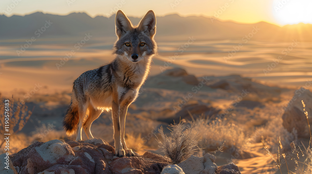 Majestic Jackal at Twilight: A Glimpse into Desert Wilderness and Natural Adaptability Majestic Jackal at Twilight: A Glimpse into Desert Wilderness and Natural Adaptability
