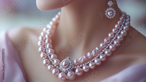 Luxurious display of a pearl necklace and earrings set positioned symmetrically on a soft lavender background highlighting the intricate design and timeless elegance of the jewelry