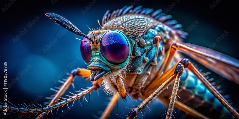 Fototapeta premium Extreme Close-Up Macro Photography of Mosquito with Striking Dark Blue Eyes, Wildlife Nature Insect Detail