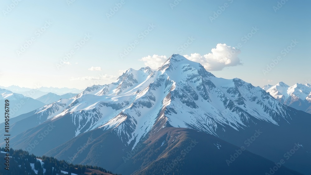Glimpse an awe-inspiring mountain range shrouded in pristine, glistening snow from eye level. Peaks taper to the right, evoking a majestic ascent into untouched wilderness Glimpse an awe-inspiring mountain range shrouded in pristine, glistening snow from eye level. Peaks taper to the right, evoking a majestic ascent into untouched wilderness