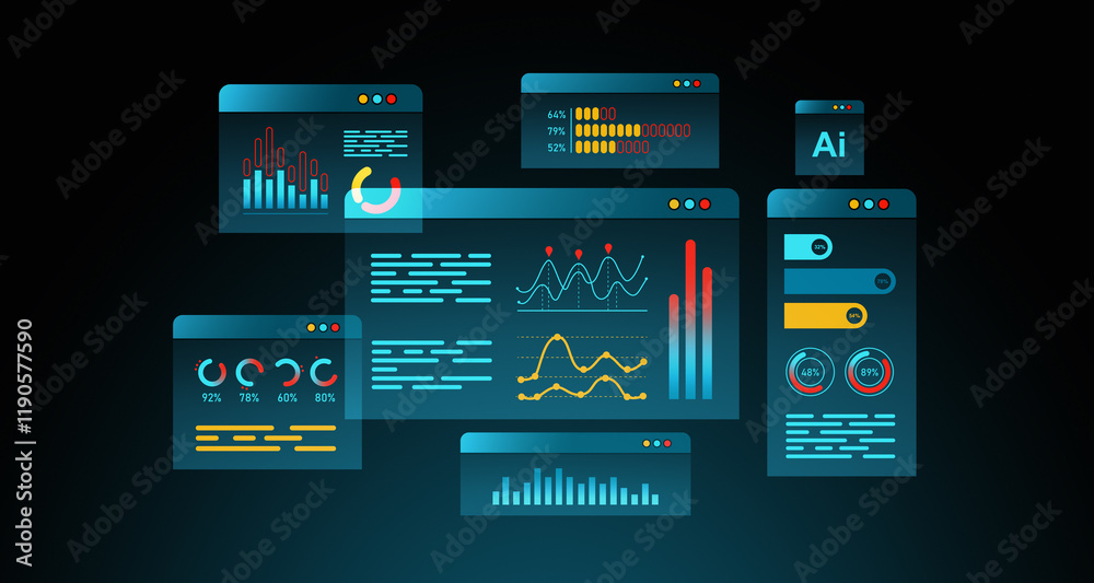 Fototapeta premium Digital dashboards with charts and graphs on dark background, showcasing data analysis and statistics visualization. 3D Rendering