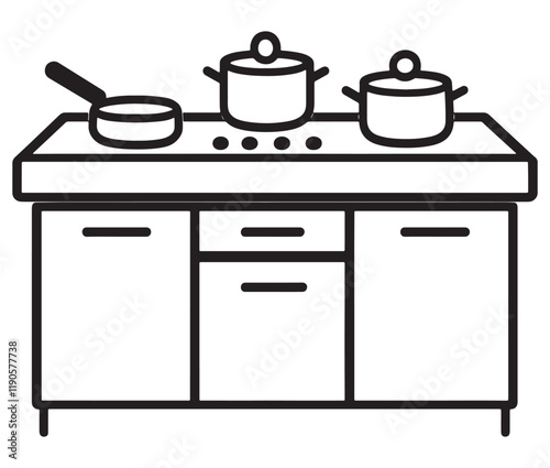 A black and white drawing of a kitchen, Line art kitchen furniture set