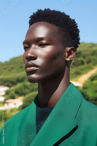 Stylish Black Man in Green Jacket  Outdoor Portrait