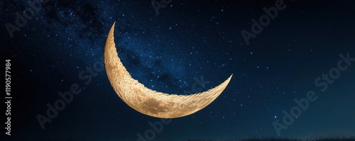 Crescent moon glowing softly with supernatural energy, stars twinkling vividly across the cosmic expanse