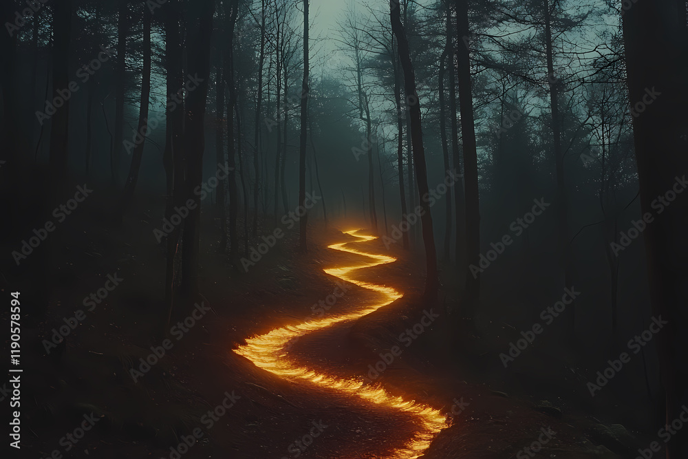 Fototapeta premium A glowing hiking trail winding through a dark digital forest, symbolizing an active lifestyle