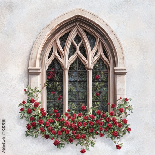 Gothic Arch Window with Red Roses Ornate Stone Frame Floral Decor