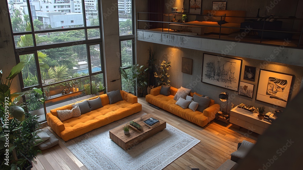 Fototapeta premium Isometric 3D render of an urban loft layout with industrial-style furniture and decor